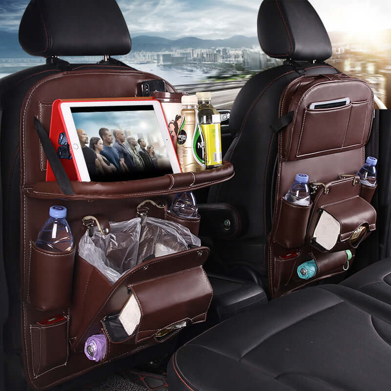 PU Leather Car Organizer featuring multiple compartments and a tablet holder for back seat storage.