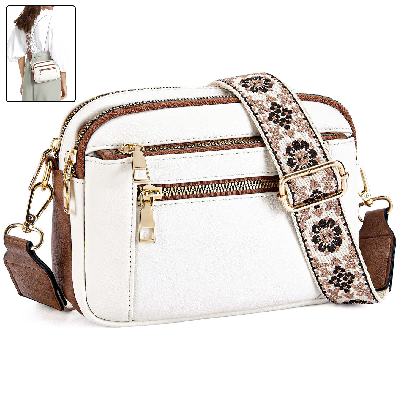 Floral Strap Triple-Zip Colour block Crossbody Bag