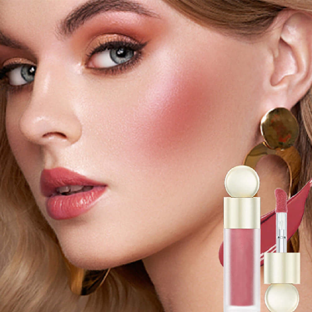 Waterproof Liquid Powder Blush displayed on a model showcasing vibrant color and flawless finish.