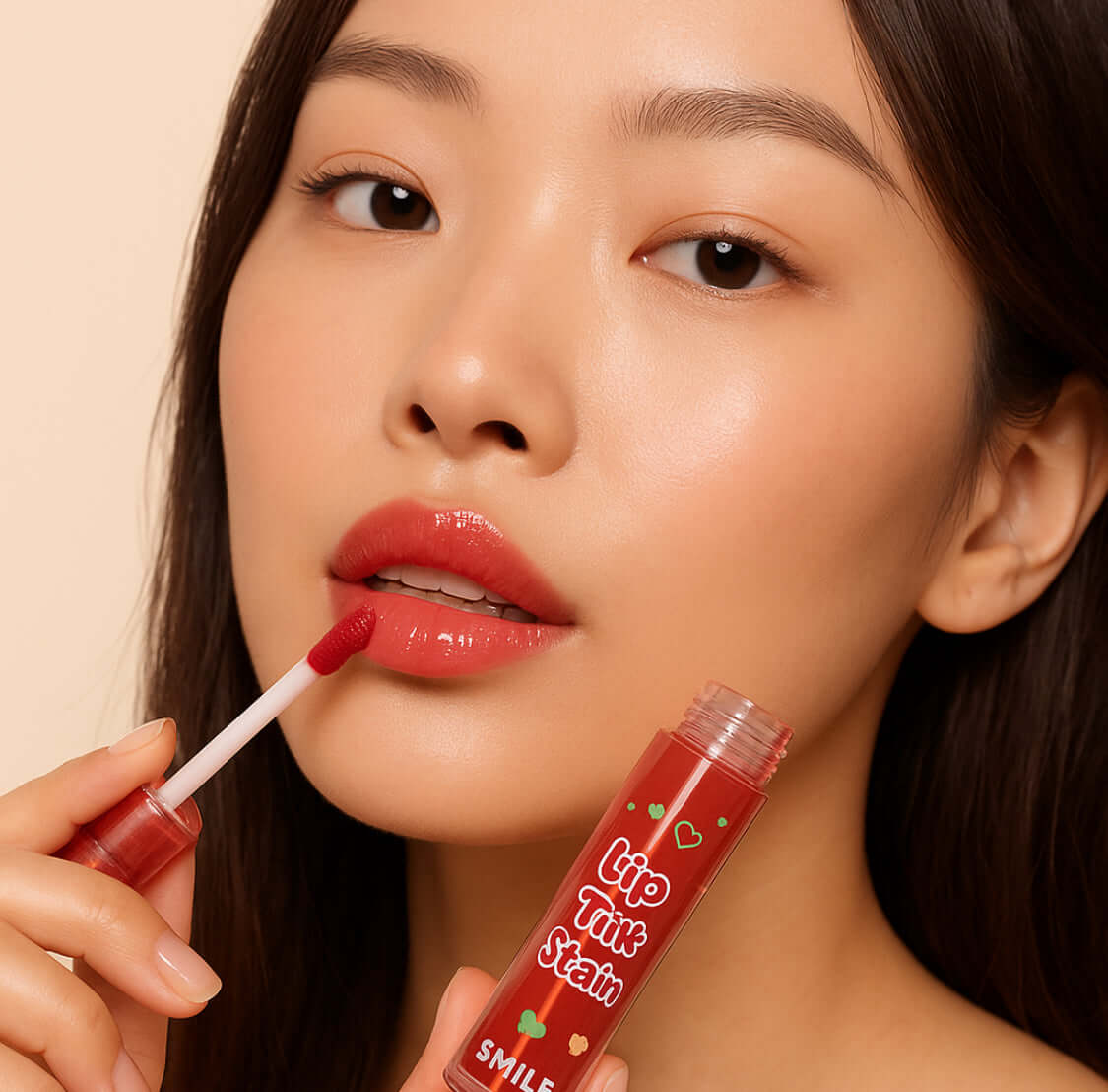 Moisturizing Lip Gloss application on model with mirror lip tint stain, showcasing glossy, hydrating lip color.