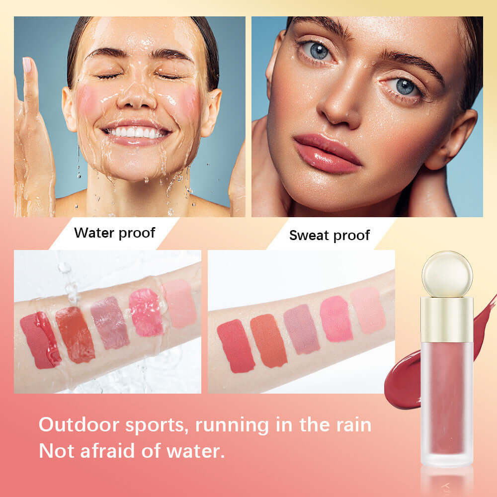 Waterproof Liquid Powder Blush showcased in water and sweat proof scenarios to highlight long-lasting performance.