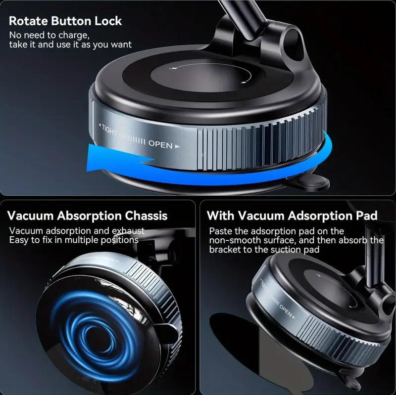 360° Foldable Magnetic Phone Holder, Vacuum Mount, Aluminum Alloy, Universal for Cars, Gyms & Mirrors