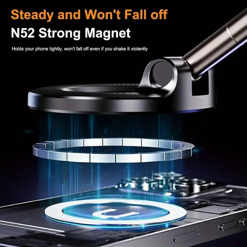 360° Foldable Magnetic Phone Holder, Vacuum Mount, Aluminum Alloy, Universal for Cars, Gyms & Mirrors