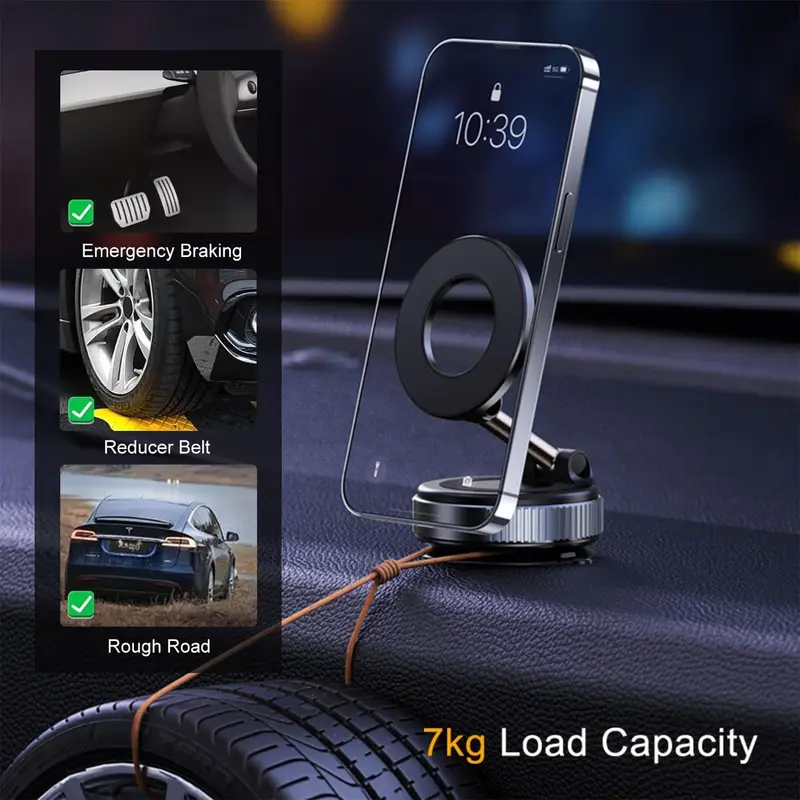 360° Foldable Magnetic Phone Holder, Vacuum Mount, Aluminum Alloy, Universal for Cars, Gyms & Mirrors