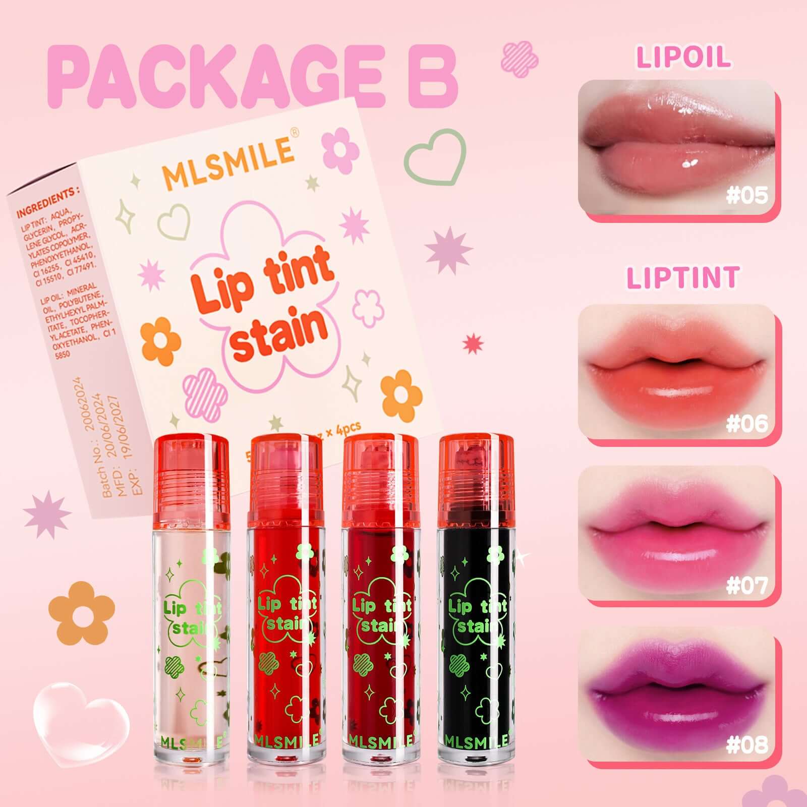 Moisturizing Lip Gloss & Stain Set displayed with four colorful lip glosses and swatches on a pink background.