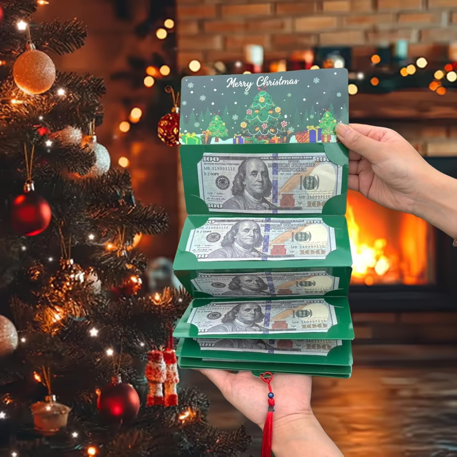 Back view of Christmas cash envelope showing foldable closure and holiday pattern