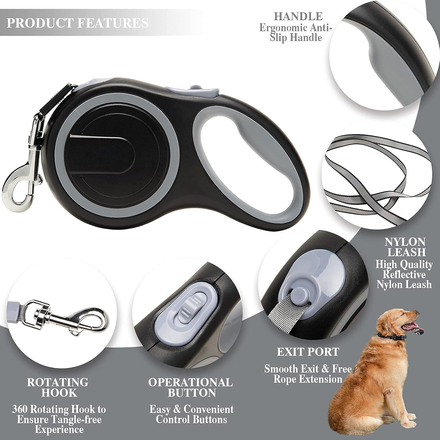 Heavy-Duty Retractable Dog Leash with Anti-Slip Handle & One-Button Control