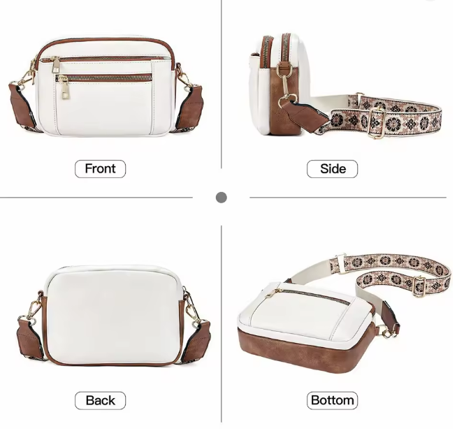 Triple-zipper Shoulder Bag With Floral Embroidered Straps Fashion Colorblock Multi-functional Crossbody Bags For Women