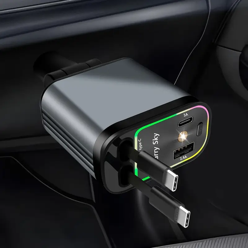 4 In 1 Retractable Car Charger with Star Light – 66W Fast Charging