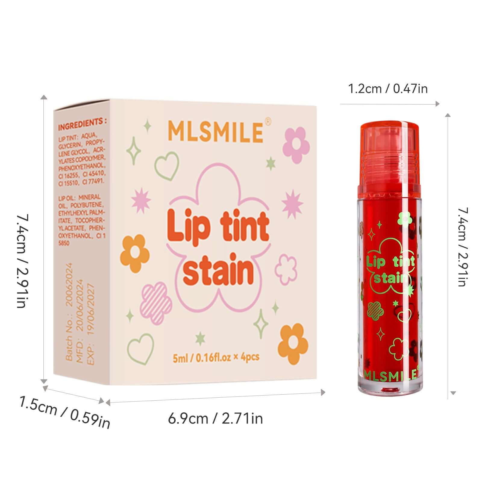 Moisturizing Lip Gloss set with four lip tint stain bottles in floral packaging, showcasing hydrating formula for glossy lips.