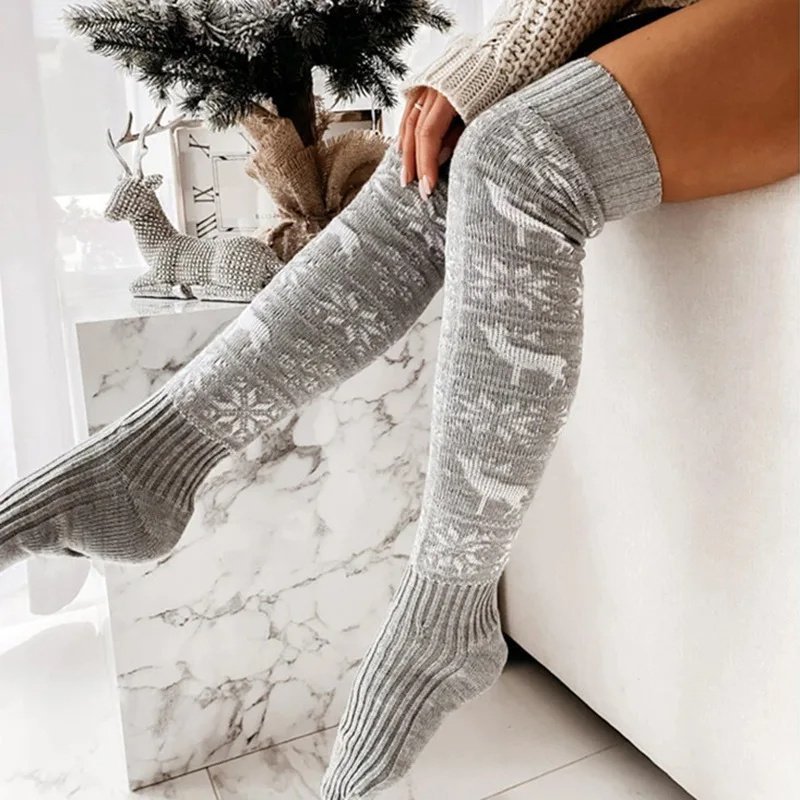 Thigh-High Christmas Knitted Socks - Over-the-Knee Warm Elk & Snowflake Stockings - Image 6
