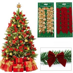 Mini Christmas Tree Bow Ornaments - 5cm Glitter Ribbon Decoration (Red, Gold, Silver)