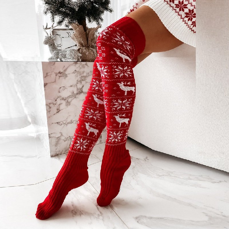 Thigh-High Christmas Knitted Socks - Over-the-Knee Warm Elk & Snowflake Stockings - Image 2