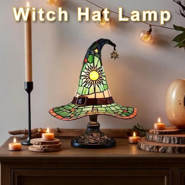 Witch Hat Lamps, Handcrafted Stained Glass Resin Wizard Hat Light Gothic Table Lamp For Halloween Decor, Spooky Night Light For Bedroom And Indoor Parties, Unique Wiccan Gift - Image 4