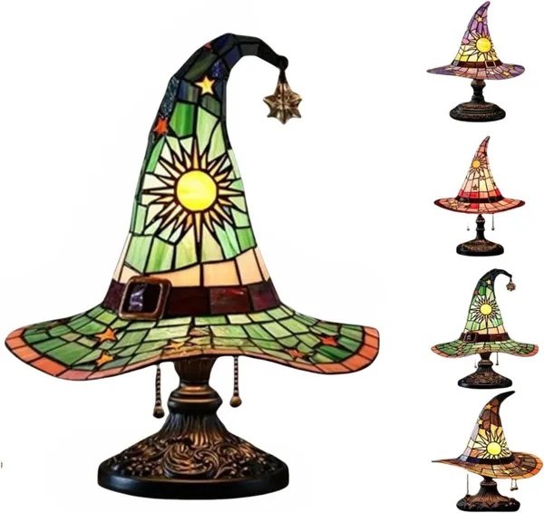 Witch Hat Lamps, Handcrafted Stained Glass Resin Wizard Hat Light Gothic Table Lamp For Halloween Decor, Spooky Night Light For Bedroom And Indoor Parties, Unique Wiccan Gift - Image 2